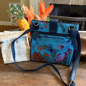 Anuschka Hand-Painted Teal Floral & Butterfly Crossbody